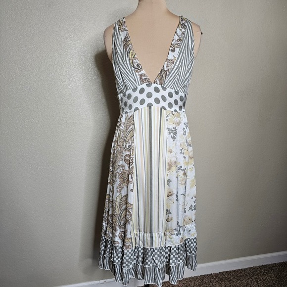 Chan Luu 100% Silk Patchwork Midi Dress‎ Floral Paisley Stripes Small Ivory gray - Picture 2 of 10